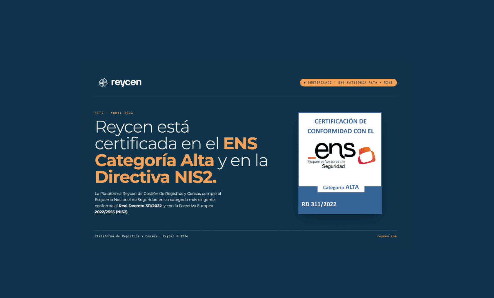 Reycen certificada en el ENS en Categoría Alta y en NIS2